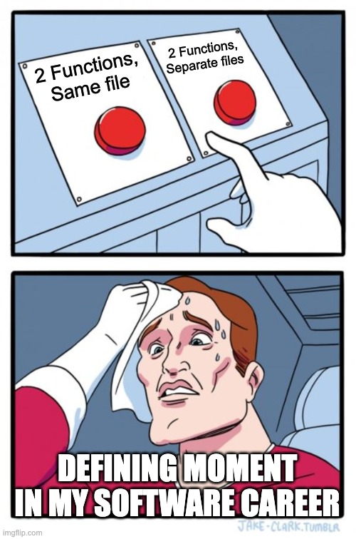 Meme with 2 buttons showing a choice between 2 functions, same file and 2 functions, separate files, with a stressed, sweating man looking at the buttons subtitled by Defining moment in my software career