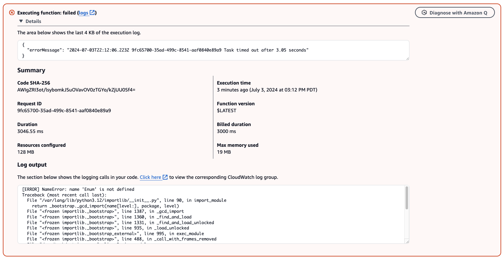 “AWS Console showing the error when running the Lambda function being [ERROR] NameError: name ‘Enum’ is not defined”