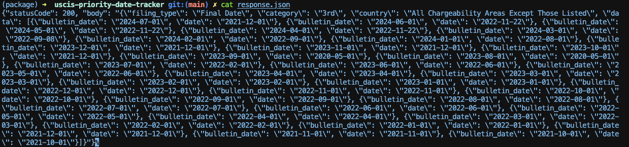 Terminal showing a json response object as defined further up in this article