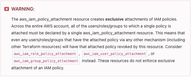 “Terraform documentation for iam_policy_attachment with a warning that this resource creates exclusive attachments of IAM policies